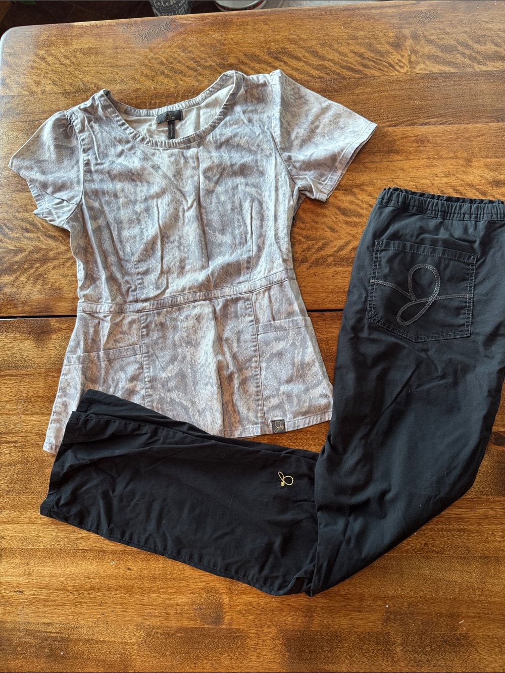 Jaanuu Scrub Set - Black Pants with Snakeskin Gray Top - Top S, Bottom M